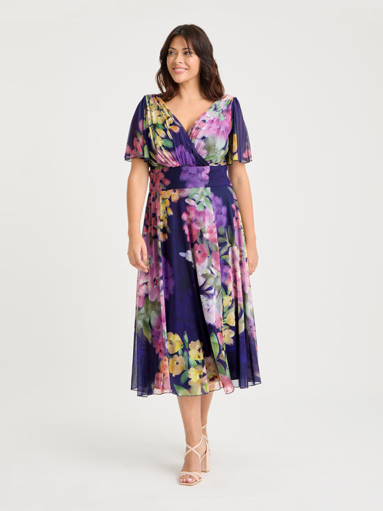 Victoria Navy Purple Multi Angel Sleeve Mesh Long Midi Dress