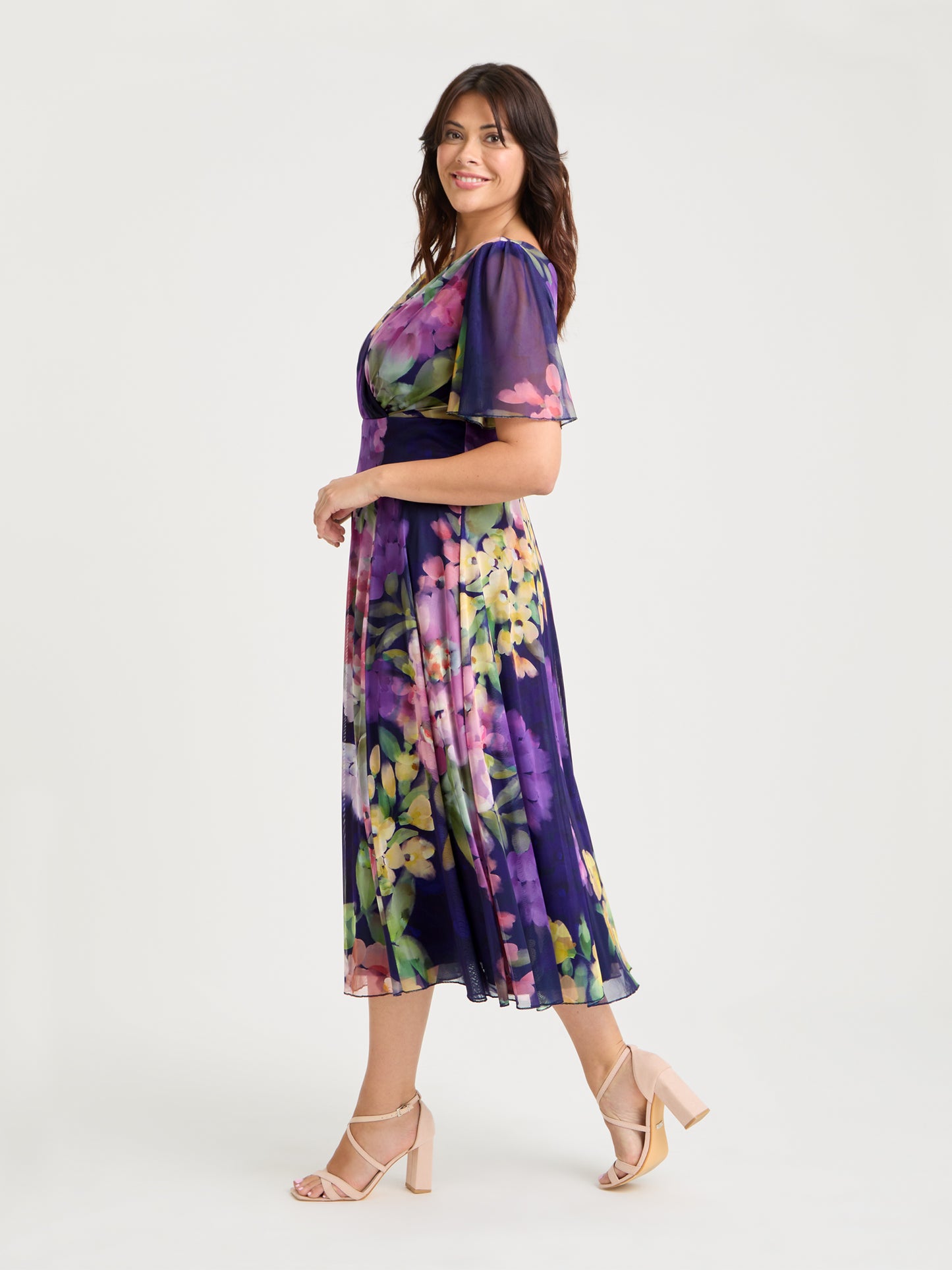 Victoria Navy Purple Multi Angel Sleeve Mesh Long Midi Dress