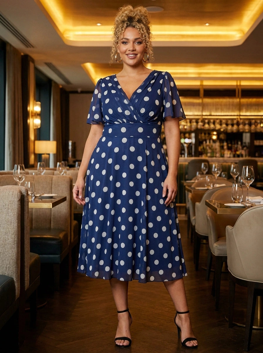 Victoria Navy Spot Dress — Angel sleeves, MagicBand® waist, POWERFIT® mesh, UK 12-32, wedding guest