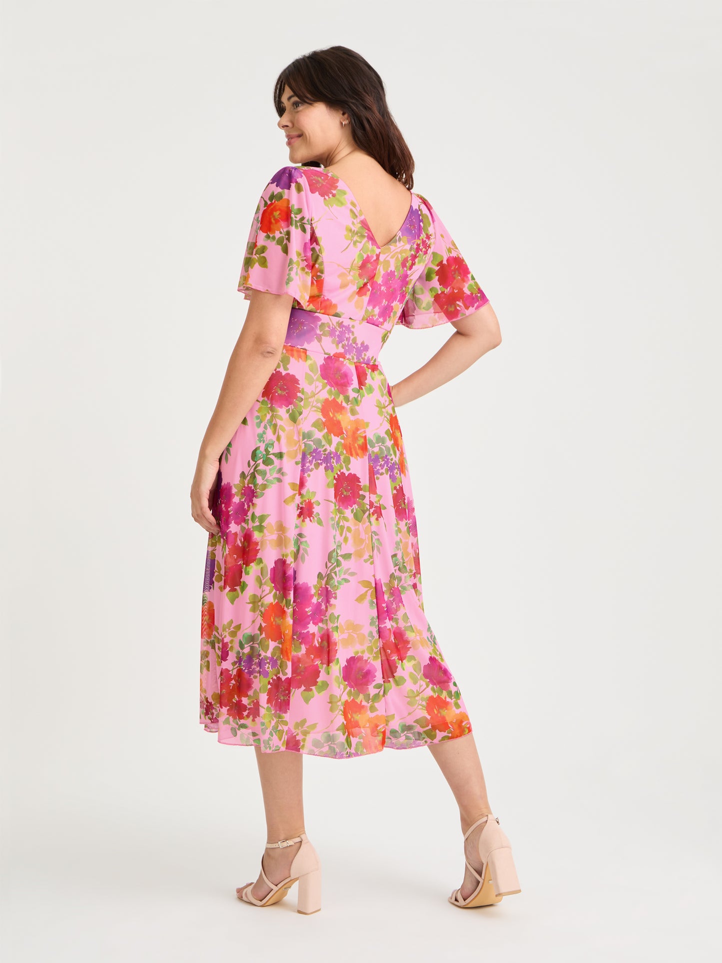 Victoria Pink Orange Multi Angel Sleeve Mesh Long Midi Dress