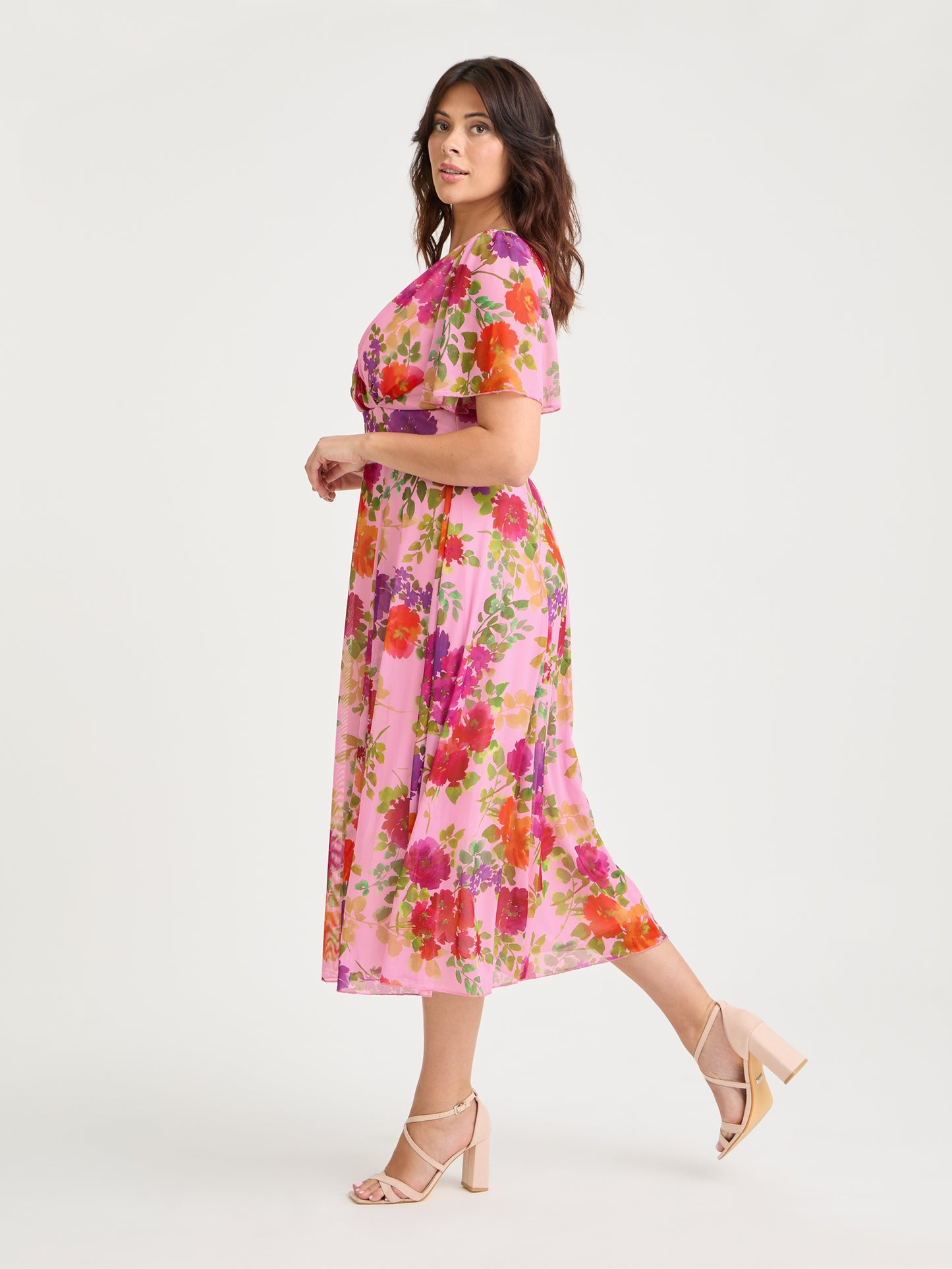 pink and orange dress uk Pink And Orange Floral Printed Wrap Over Strappy Midi Dress AX Paris US