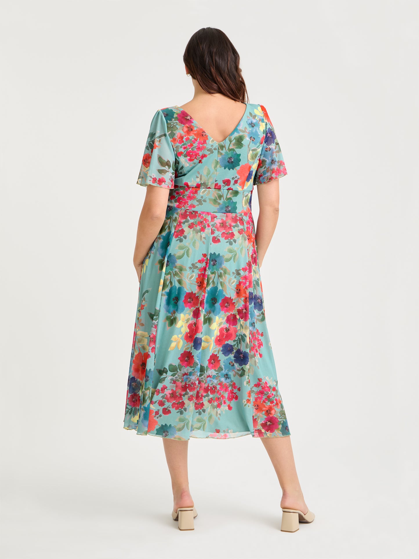 Victoria Soft Green Multi Angel Sleeve Mesh Long Midi Dress