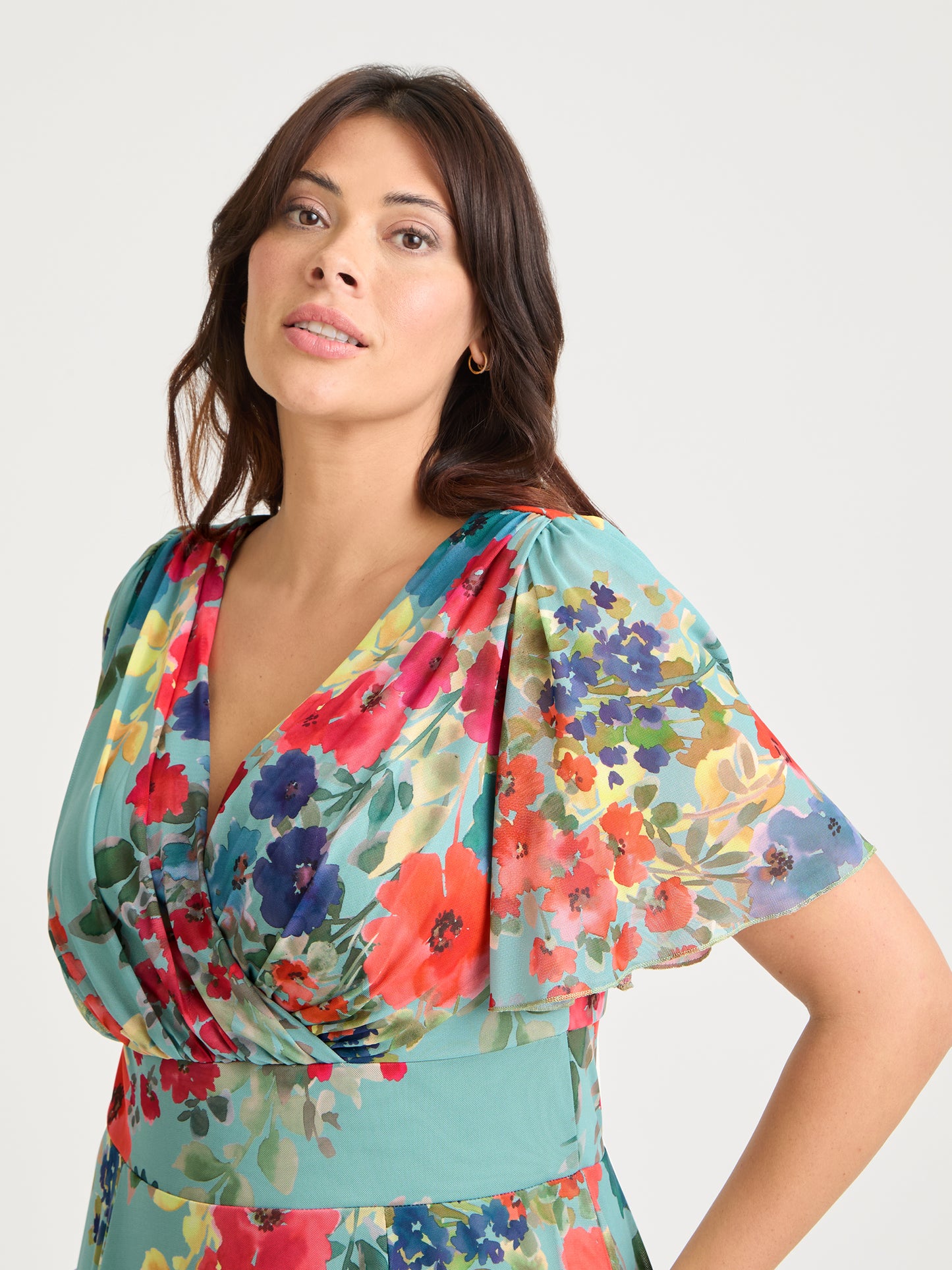 Victoria Soft Green Multi Angel Sleeve Mesh Long Midi Dress