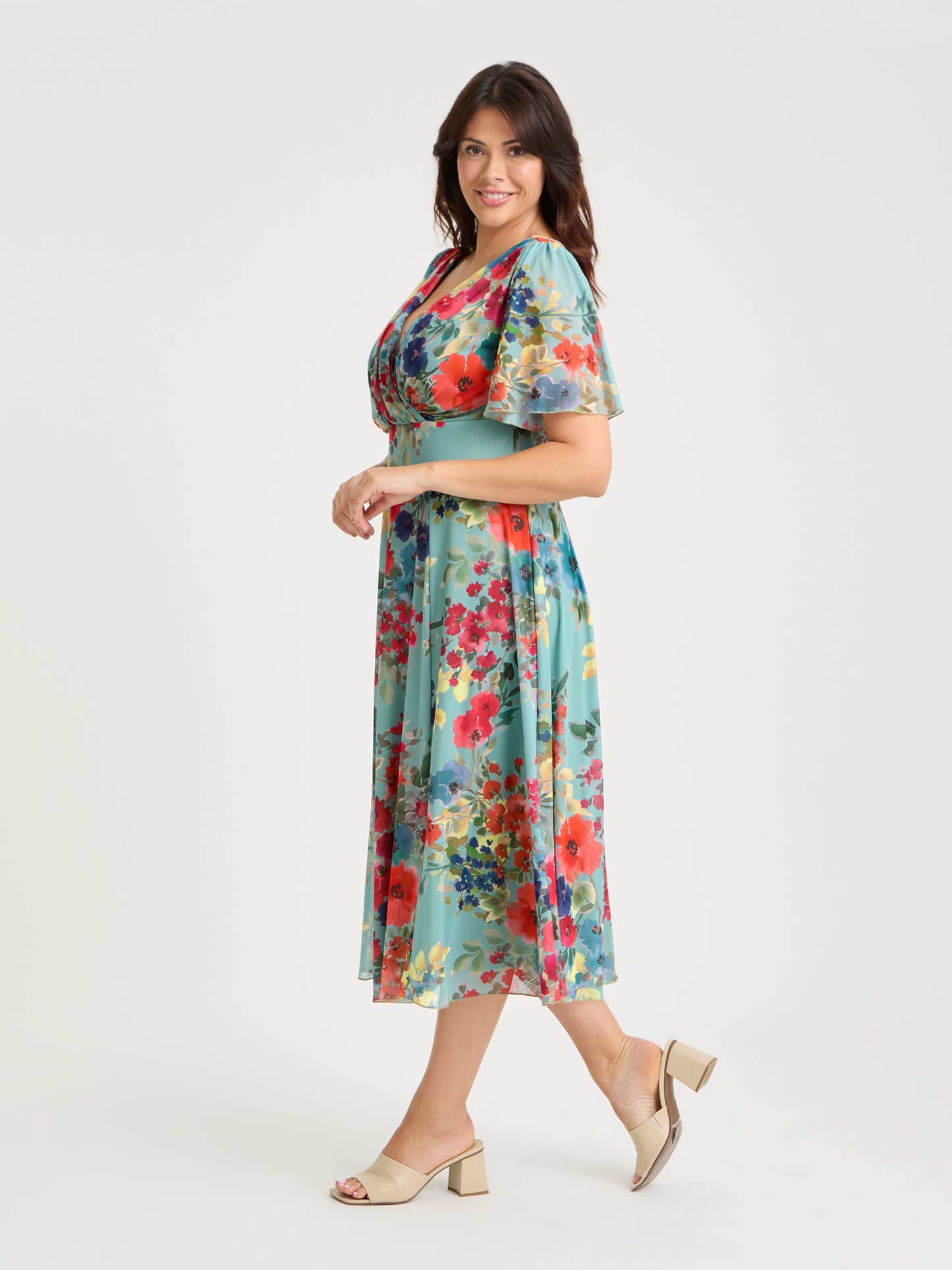 Victoria Soft Green Multi Angel Sleeve Mesh Long Midi Dress