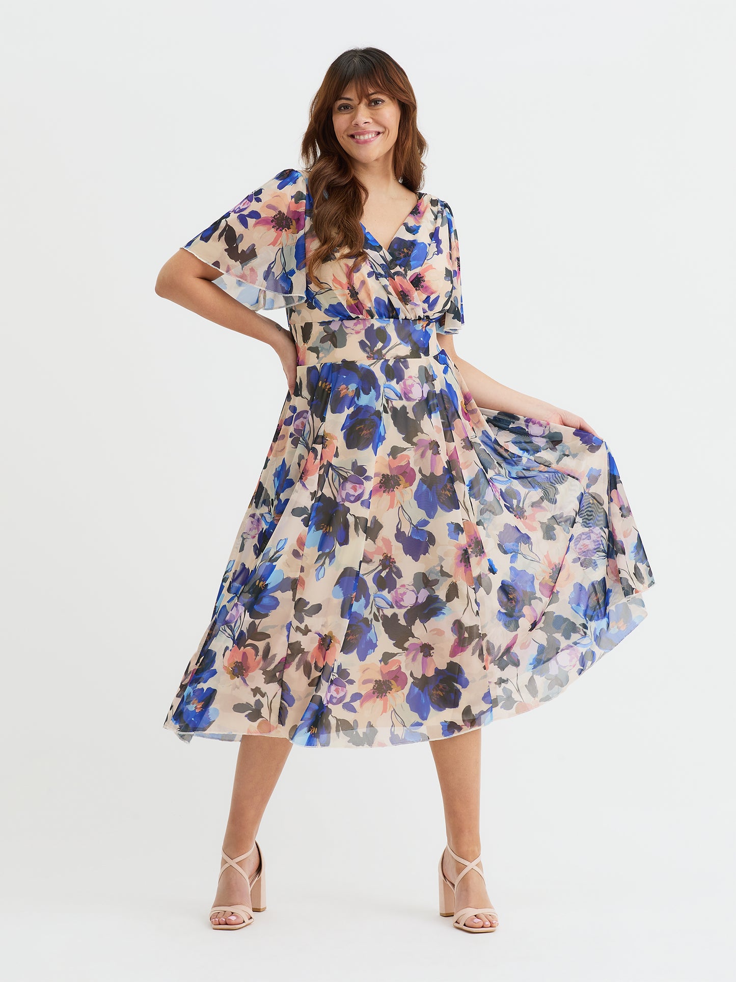 beige dress with blue flowers Beige Linen Empire Dress with Blue Floral Embroidery MALISTO