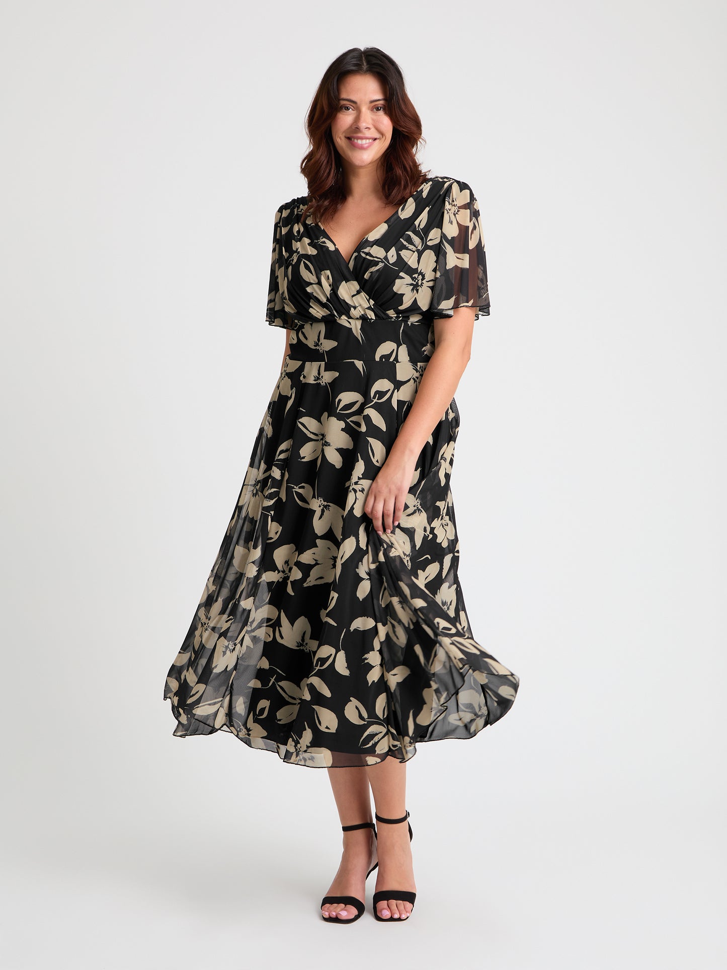 Victoria Black Cream Angel Sleeve Mesh Long Midi Dress