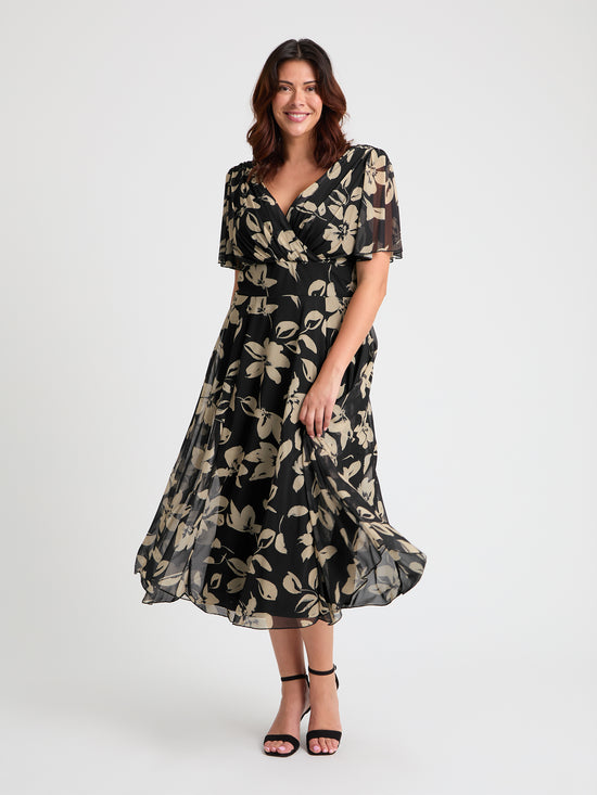 Victoria Black Cream Angel Sleeve Mesh Long Midi Dress