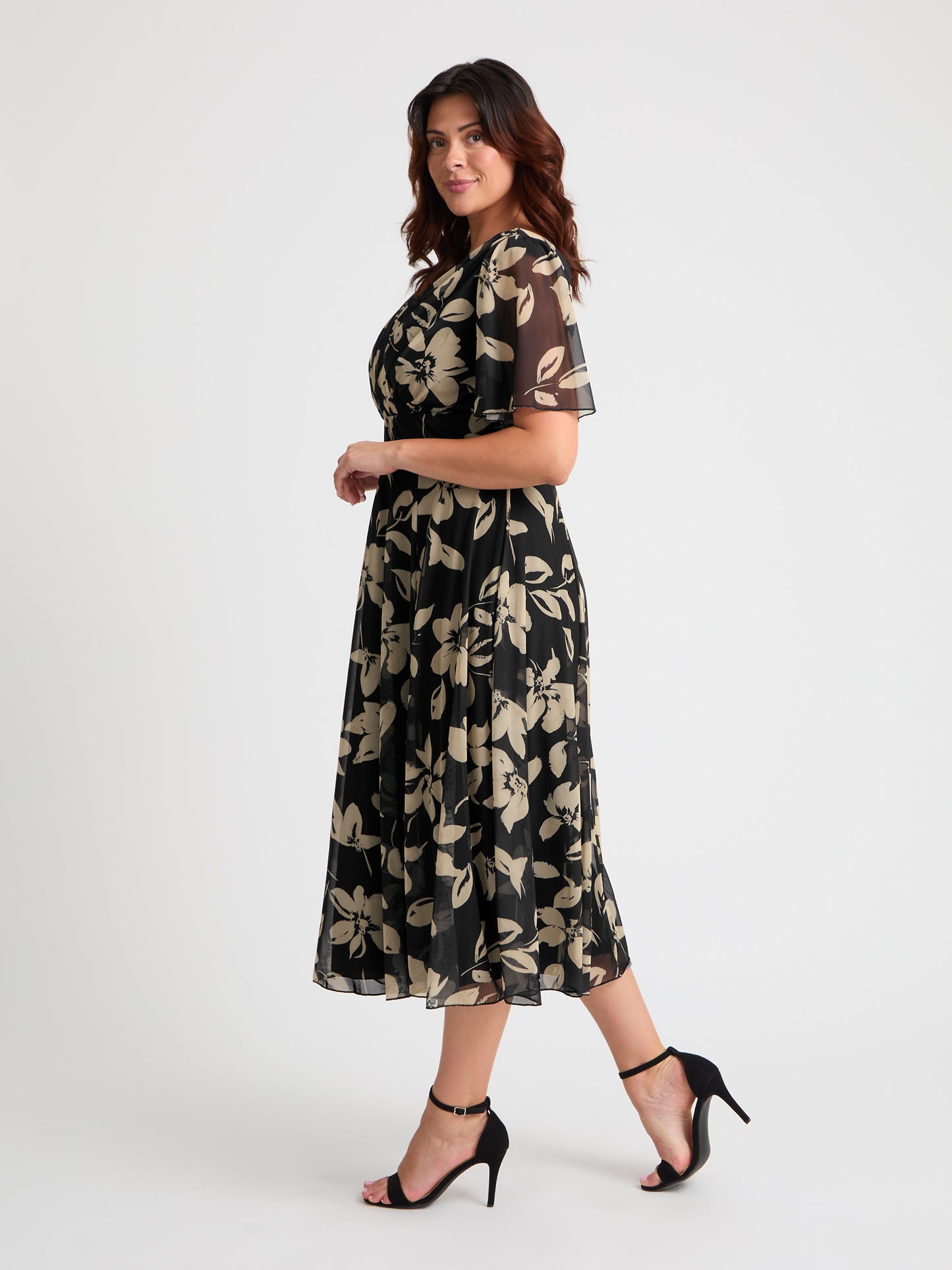 Victoria Black Cream Angel Sleeve Mesh Long Midi Dress