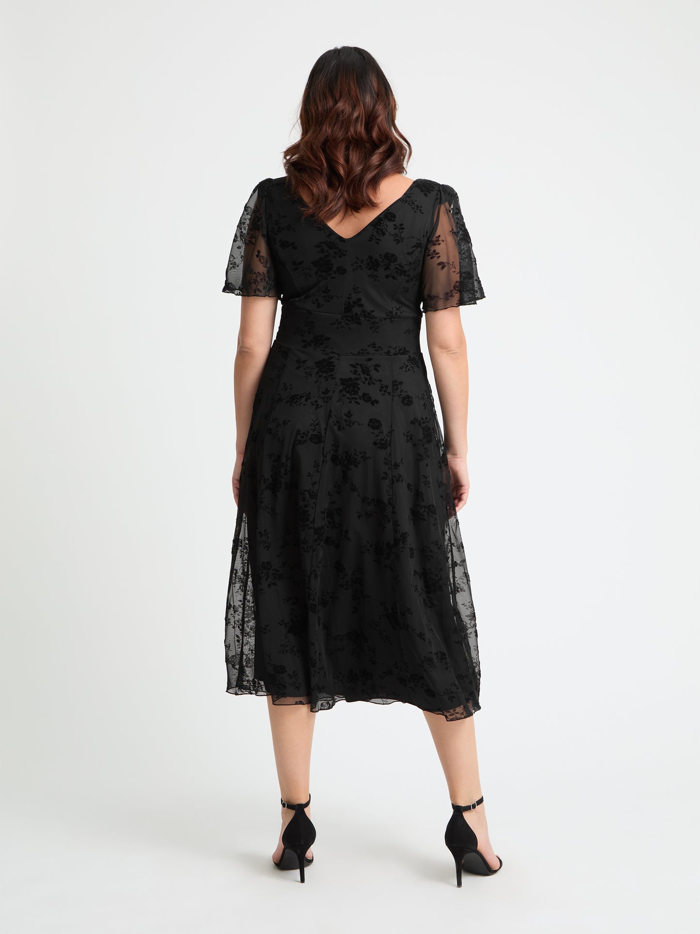 Victoria Black Flower Velvet Flock Angel Sleeve Mesh Long Midi Dress