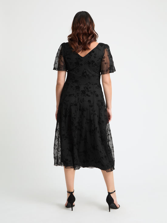 Victoria Black Flower Velvet Flock Angel Sleeve Mesh Long Midi Dress