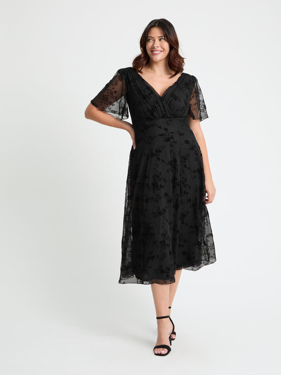 Victoria Black Flower Velvet Flock Angel Sleeve Mesh Long Midi Dress