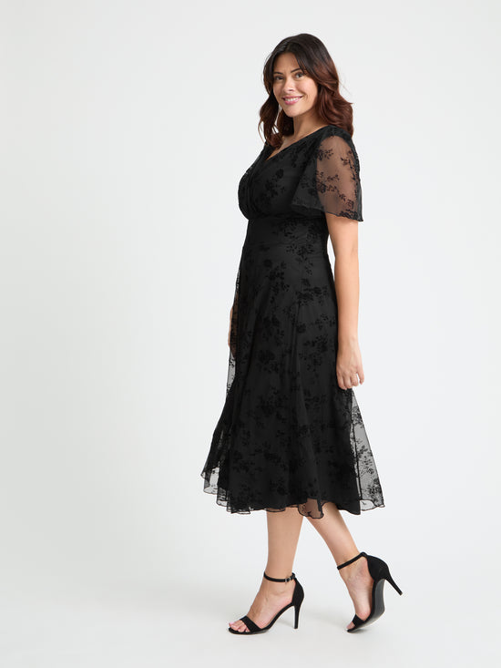 Victoria Black Flower Velvet Flock Angel Sleeve Mesh Long Midi Dress