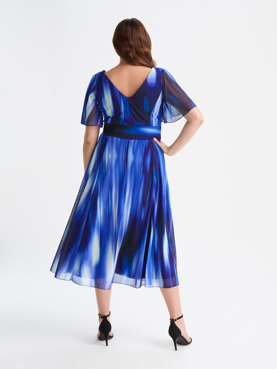 Victoria Blue Ikat Angel Sleeve Mesh Long Midi Dress