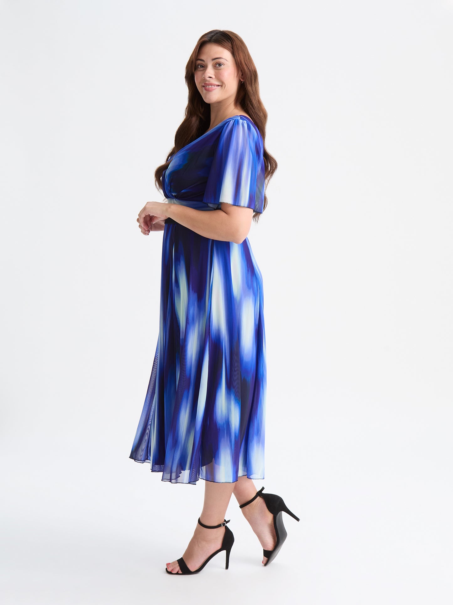 Victoria Blue Ikat Angel Sleeve Mesh Long Midi Dress