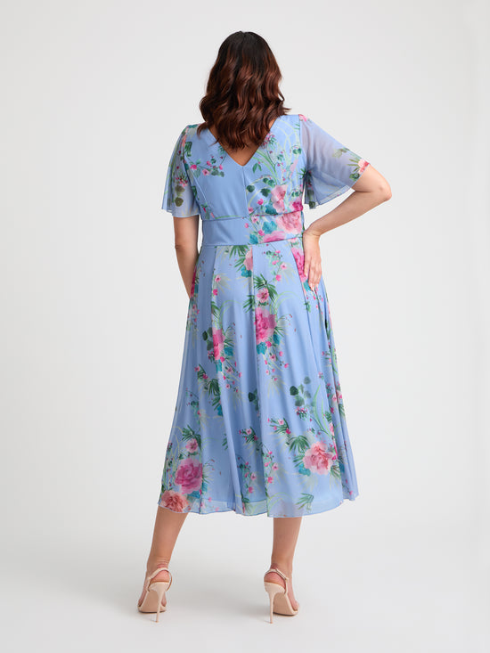 Victoria Blue Pink Angel Sleeve Mesh Long Midi Dress