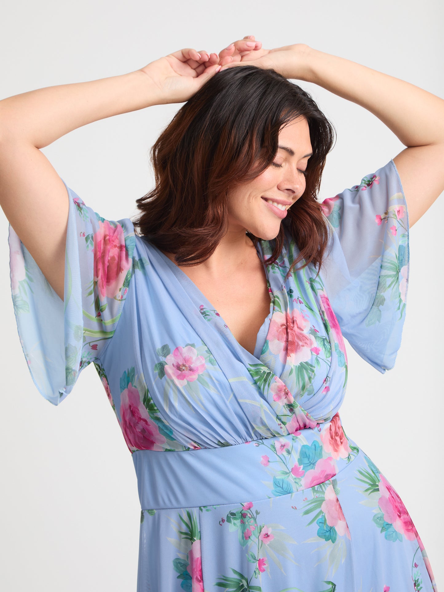 Victoria Blue Pink Angel Sleeve Mesh Long Midi Dress