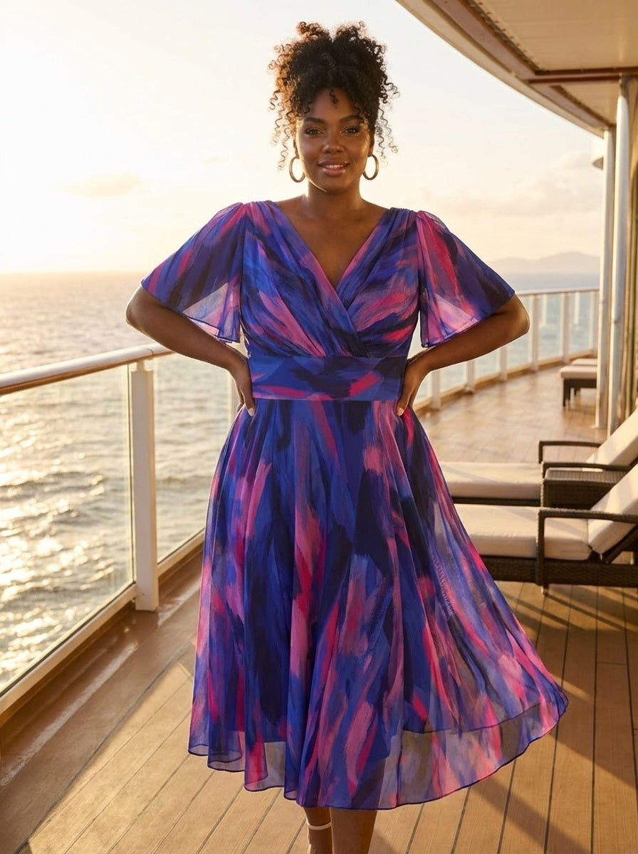 Victoria Blue Pink Brush Angel Sleeve Mesh Long Midi Dress