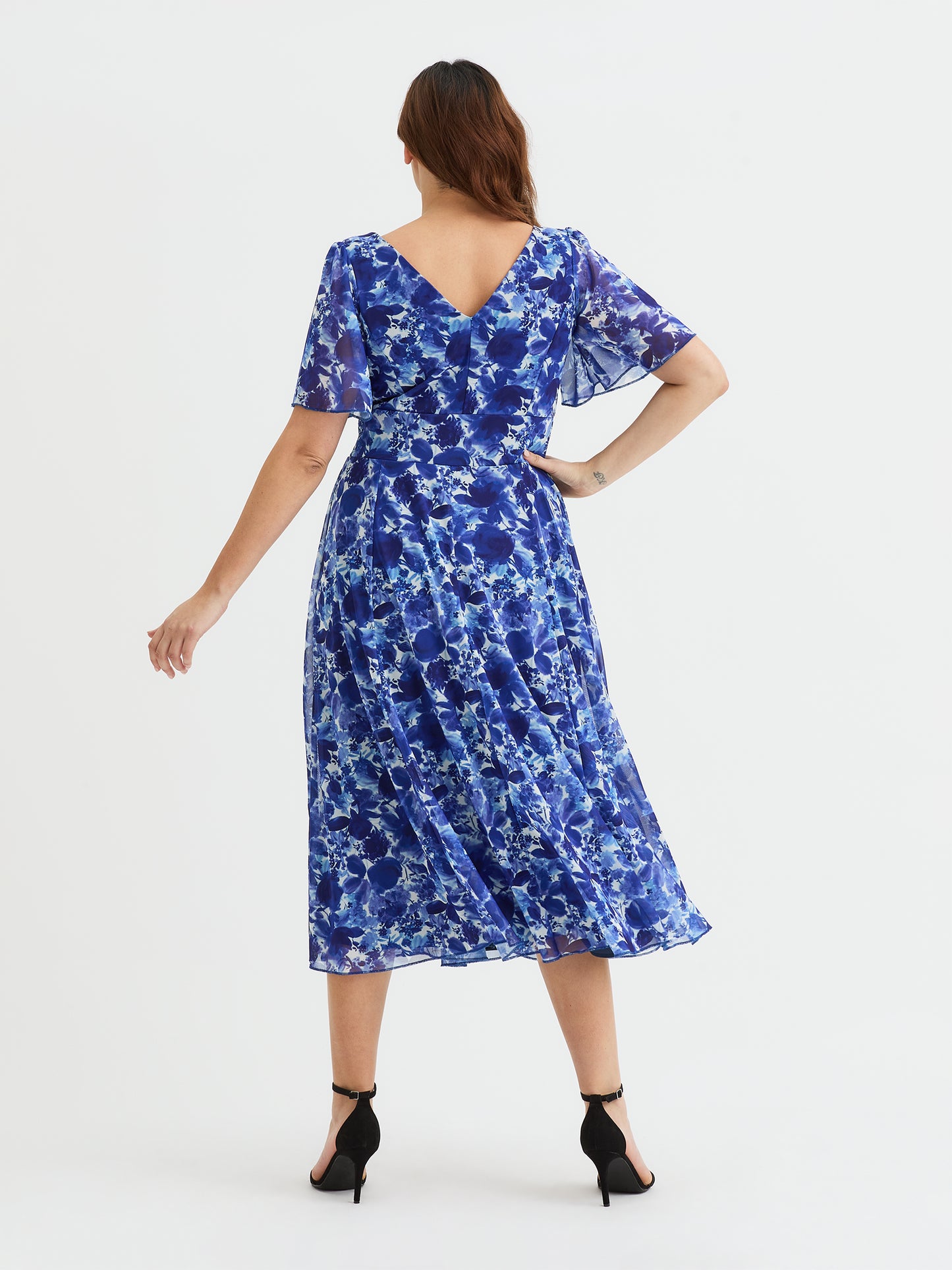 Victoria Cobalt Blue Print Angel Sleeve Mesh Long Midi Dress Scarlett & Jo Victoria Cobalt Blue Print Angel Sleeve Mesh Long Midi Dress Scarlett & Jo