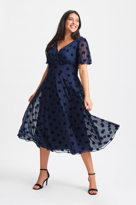 Victoria Dark Navy Velvet Flock Angel Sleeve Mesh Long Midi Dress