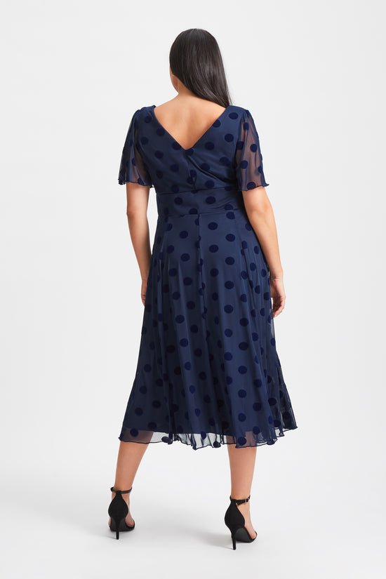 Victoria Dark Navy Velvet Flock Angel Sleeve Mesh Long Midi Dress