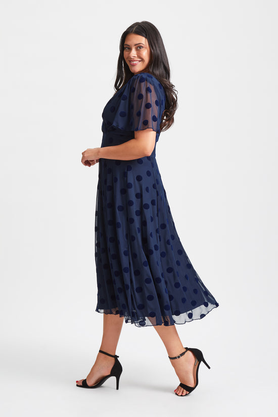 Victoria Dark Navy Velvet Flock Angel Sleeve Mesh Long Midi Dress