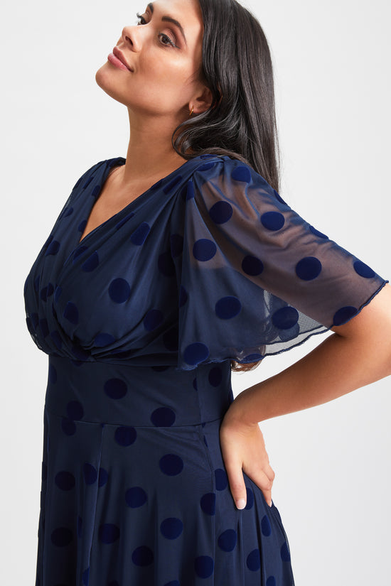 Victoria Dark Navy Velvet Flock Angel Sleeve Mesh Long Midi Dress