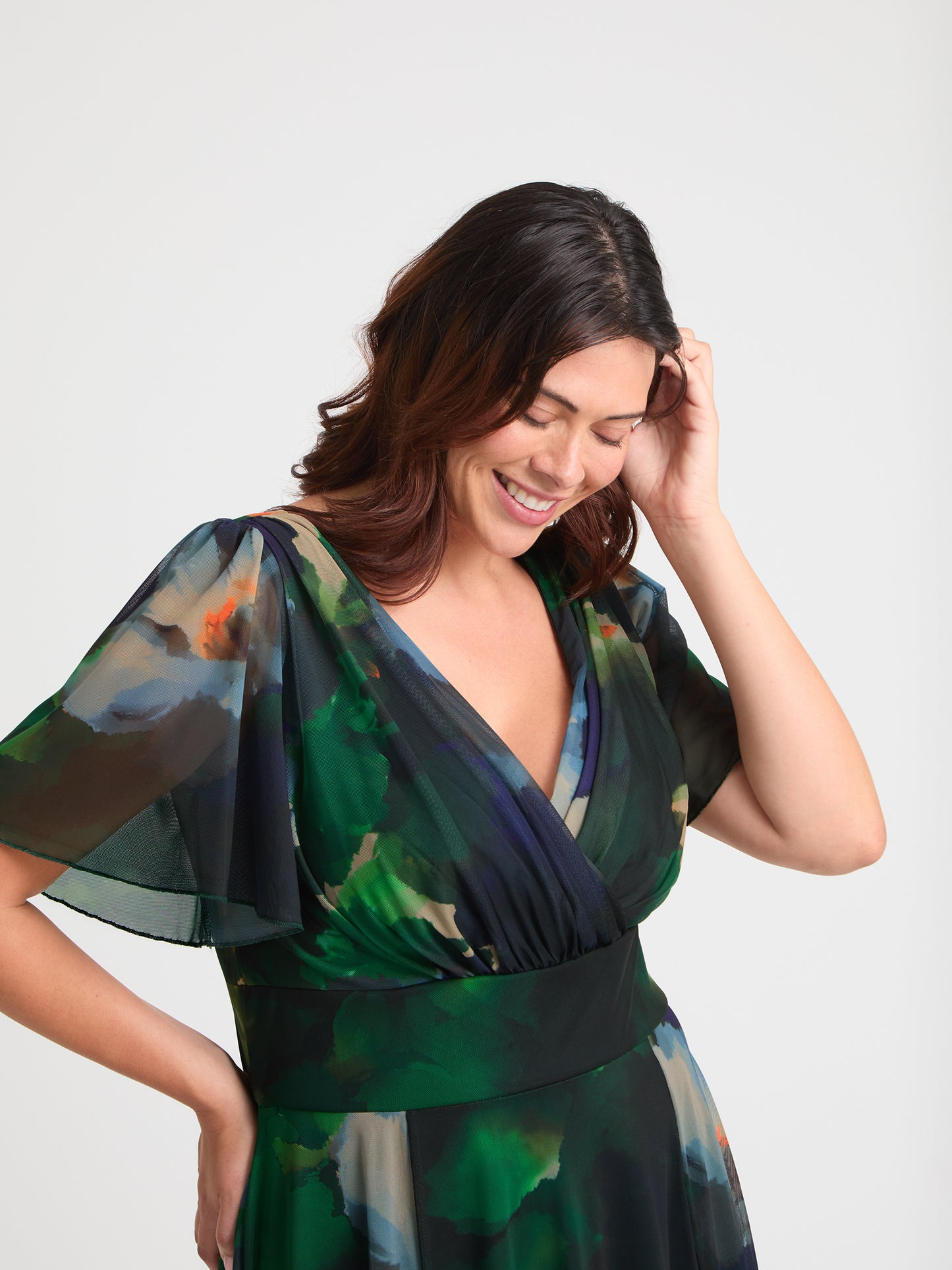 Victoria Green Blue Angel Sleeve Mesh Long Midi Dress