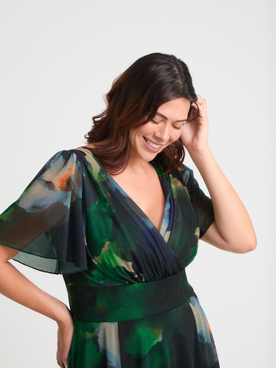 Victoria Green Blue Angel Sleeve Mesh Long Midi Dress