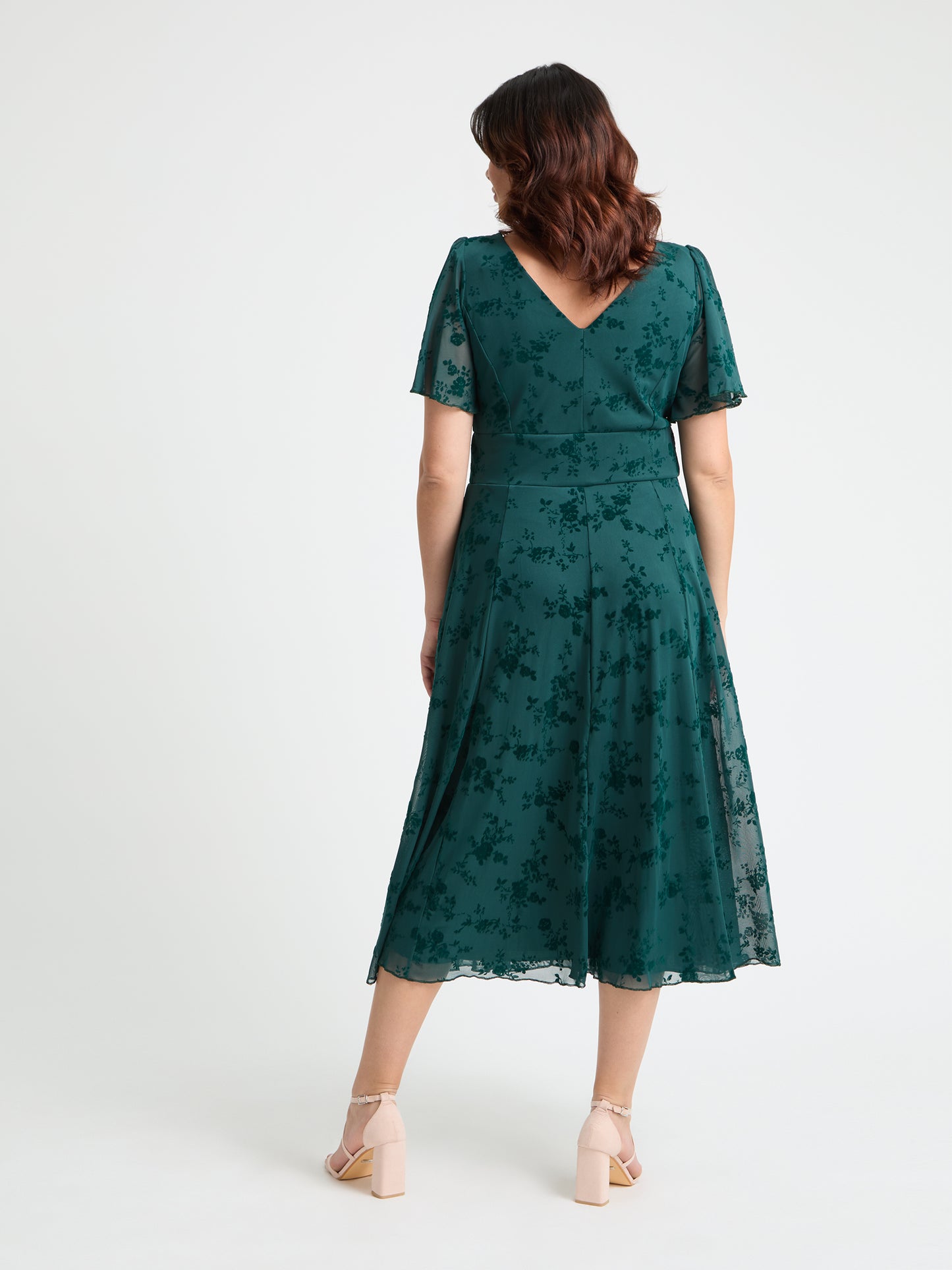 Victoria Green Flower Velvet Flock Angel Sleeve Mesh Long Midi Dress