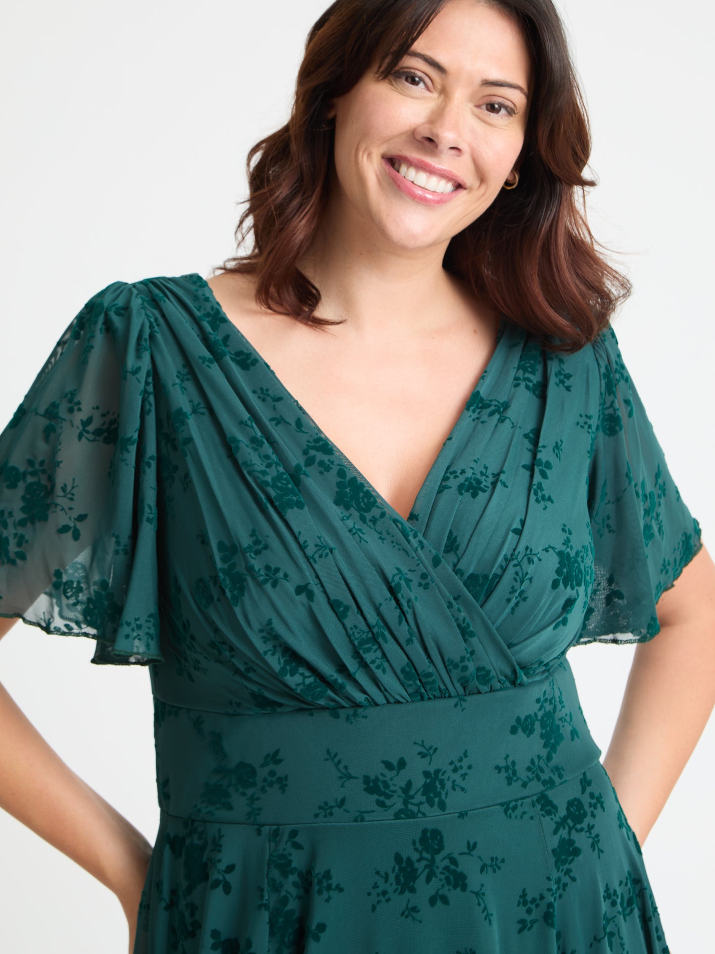 Victoria Green Flower Velvet Flock Angel Sleeve Mesh Long Midi Dress