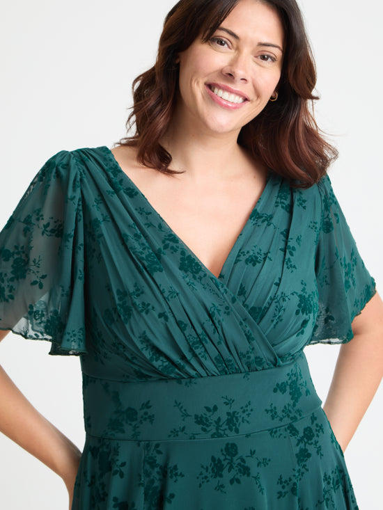 Victoria Green Flower Velvet Flock Angel Sleeve Mesh Long Midi Dress