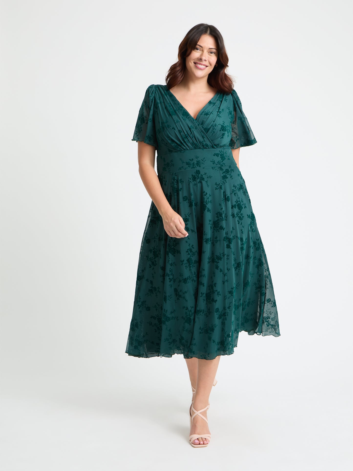 Victoria Green Flower Velvet Flock Angel Sleeve Mesh Long Midi Dress