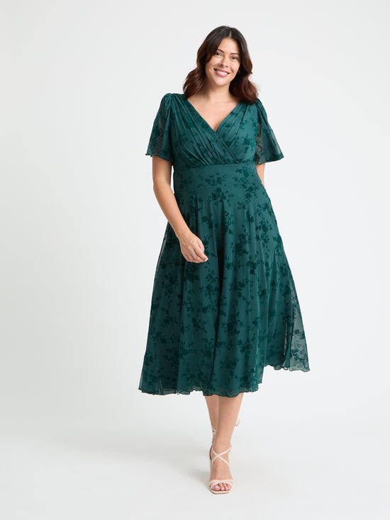 Victoria Green Flower Velvet Flock Angel Sleeve Mesh Long Midi Dress