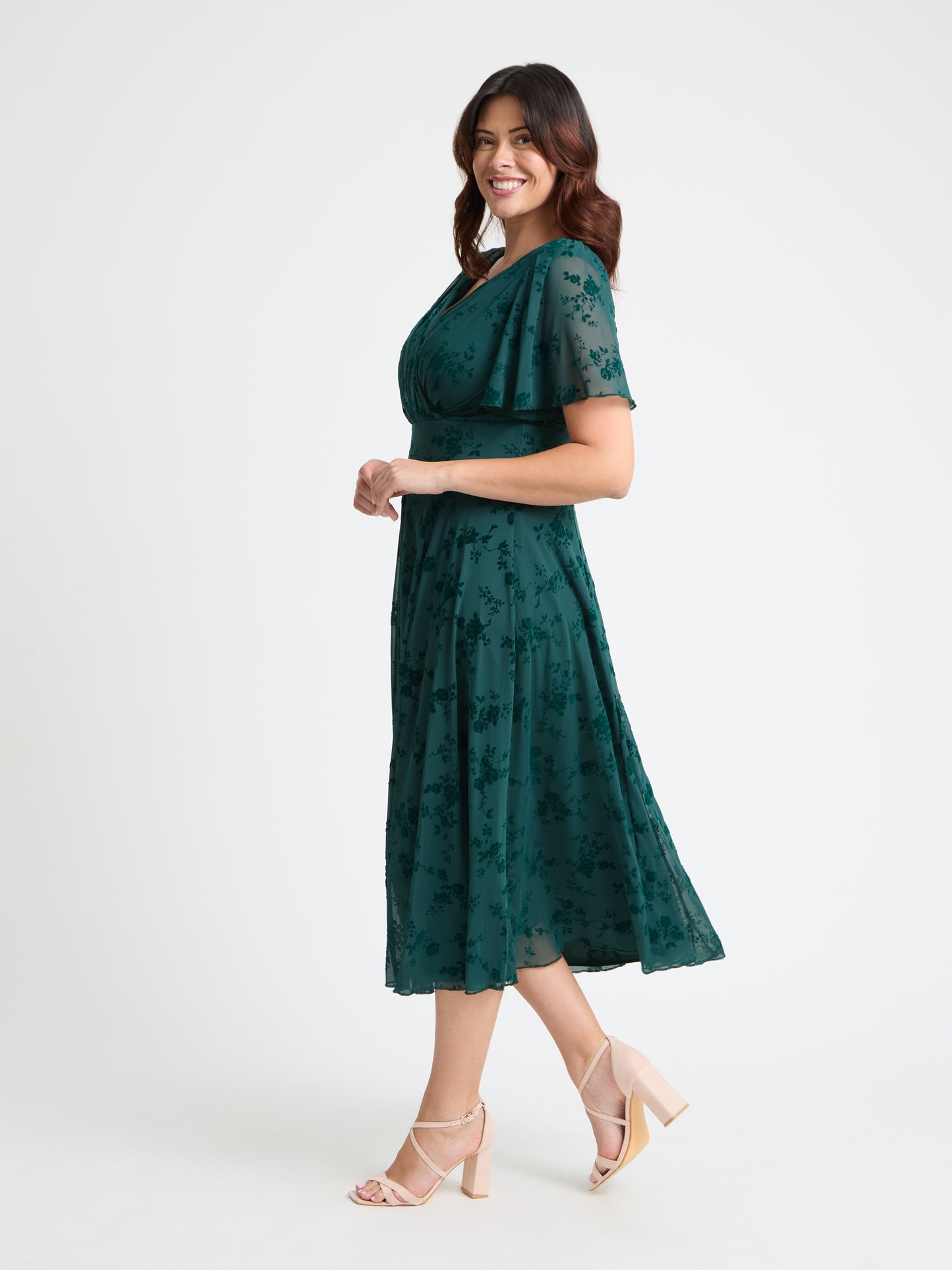 Victoria Green Flower Velvet Flock Angel Sleeve Mesh Long Midi Dress