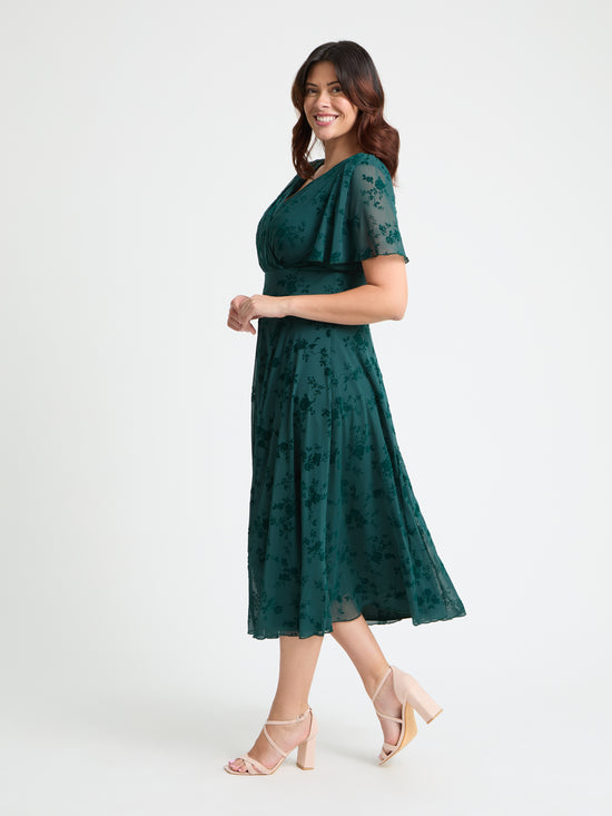 Victoria Green Flower Velvet Flock Angel Sleeve Mesh Long Midi Dress