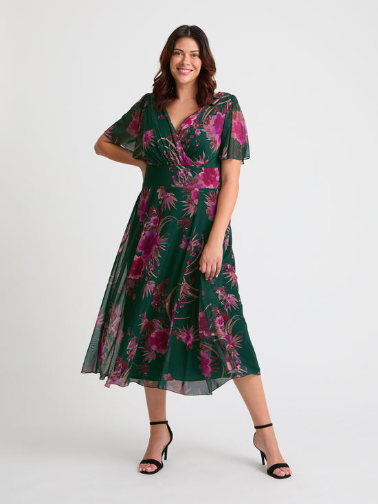 Victoria Green Pink Angel Sleeve Mesh Long Midi Dress