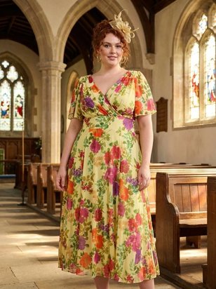 Victoria Lemon Multi Angel Sleeve Mesh Long Midi Dress