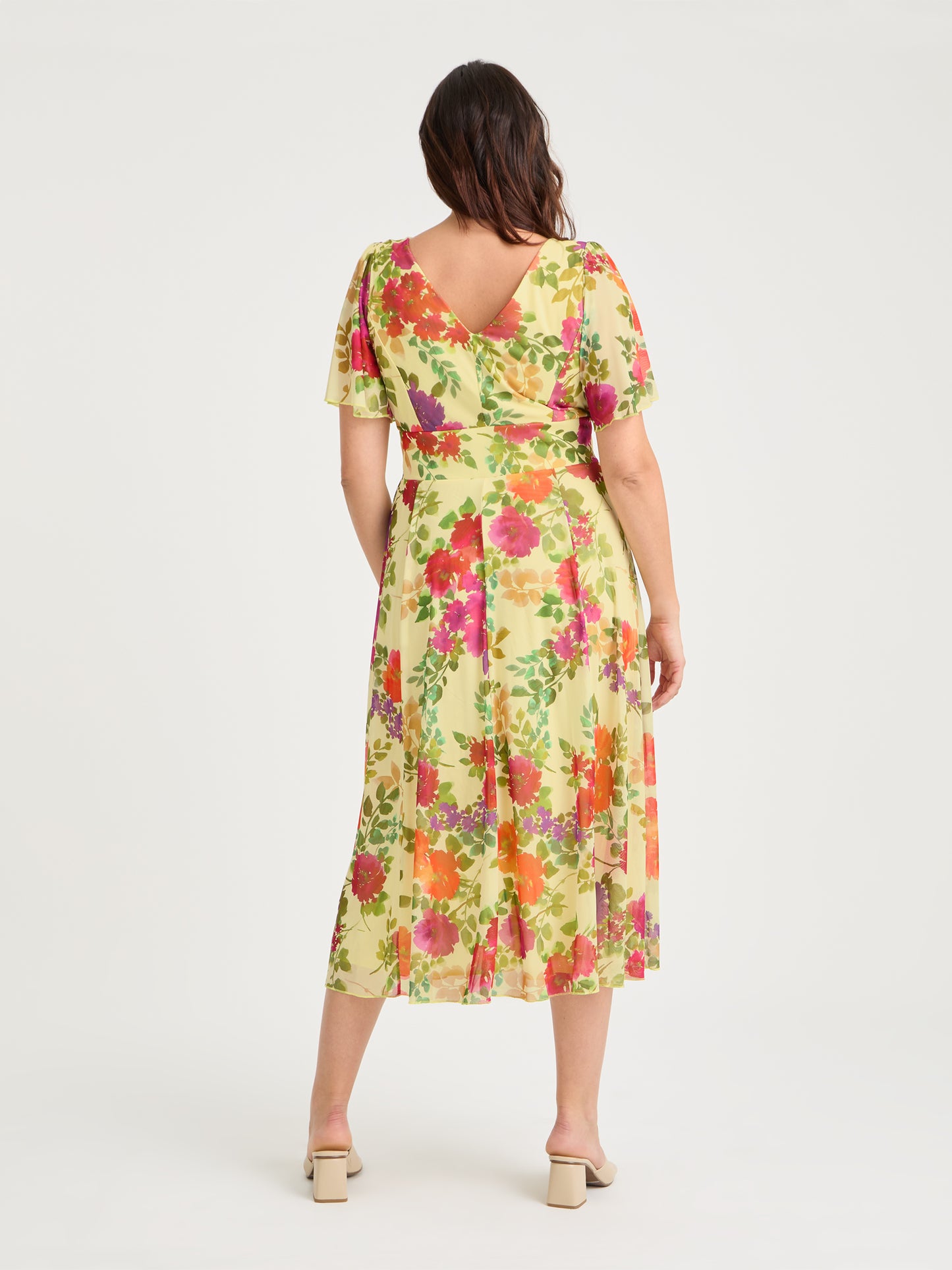 Victoria Lemon Multi Angel Sleeve Mesh Long Midi Dress