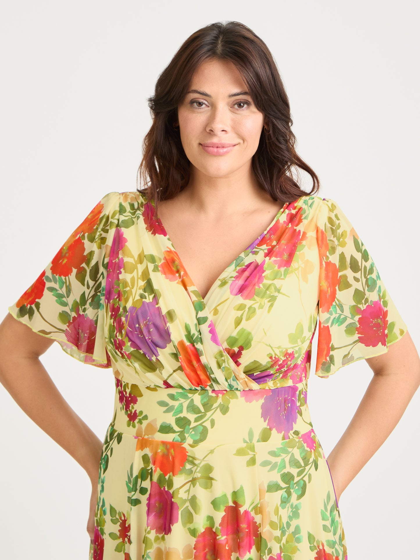 Victoria Lemon Multi Angel Sleeve Mesh Long Midi Dress