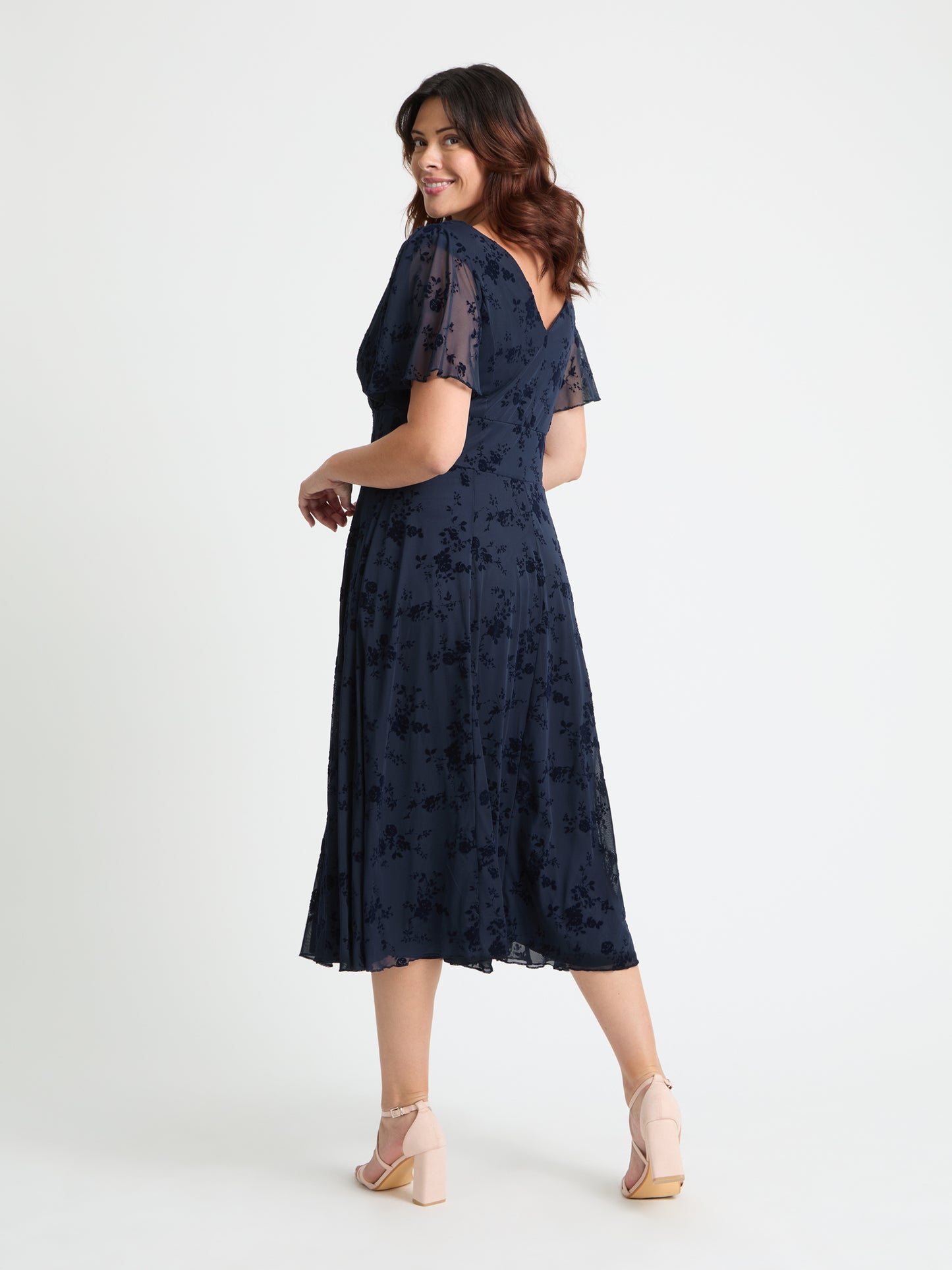 Victoria Navy Flower Velvet Flock Angel Sleeve Mesh Long Midi Dress
