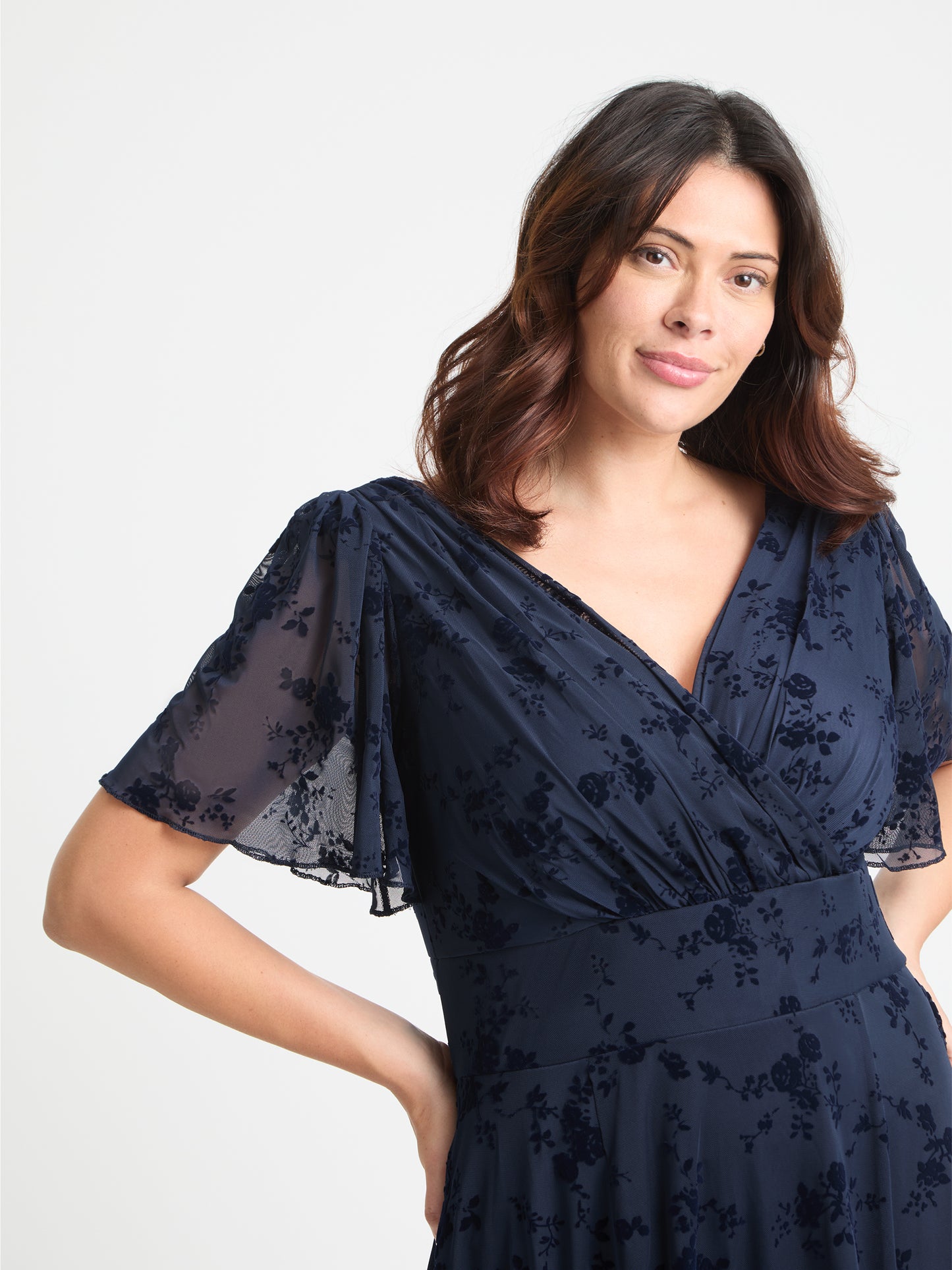 Victoria Navy Flower Velvet Flock Angel Sleeve Mesh Long Midi Dress