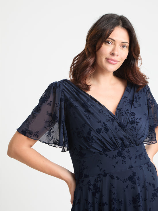 Victoria Navy Flower Velvet Flock Angel Sleeve Mesh Long Midi Dress