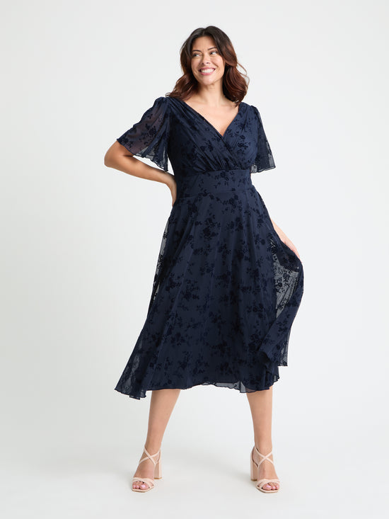 Victoria Navy Flower Velvet Flock Angel Sleeve Mesh Long Midi Dress
