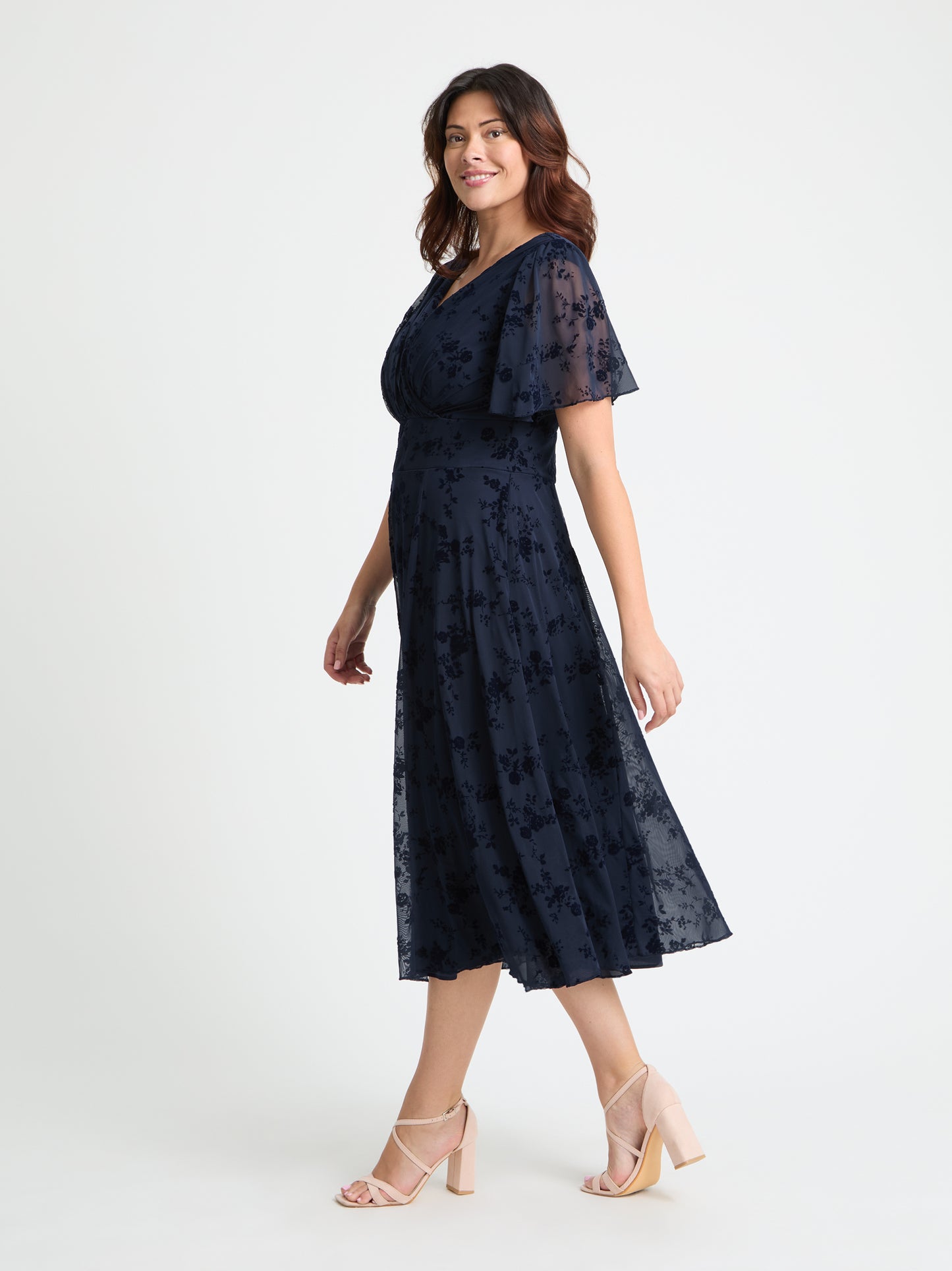 Victoria Navy Flower Velvet Flock Angel Sleeve Mesh Long Midi Dress