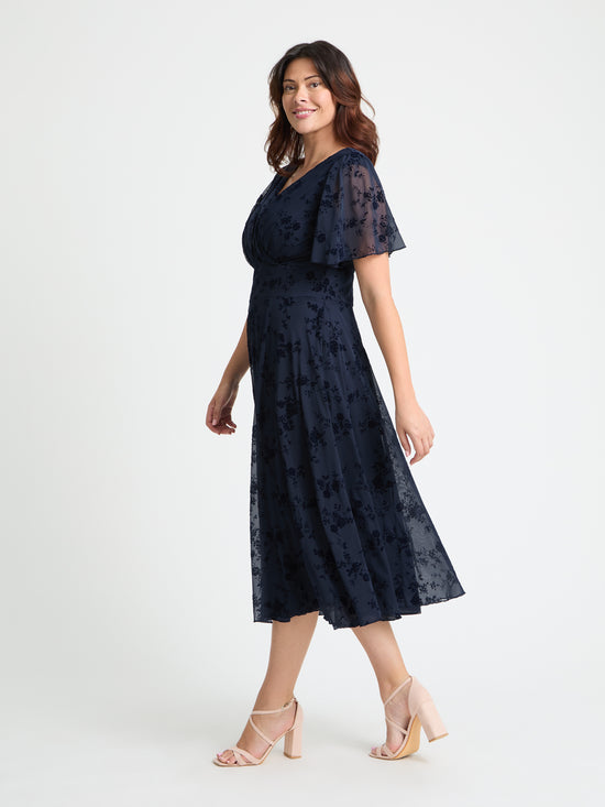 Victoria Navy Flower Velvet Flock Angel Sleeve Mesh Long Midi Dress