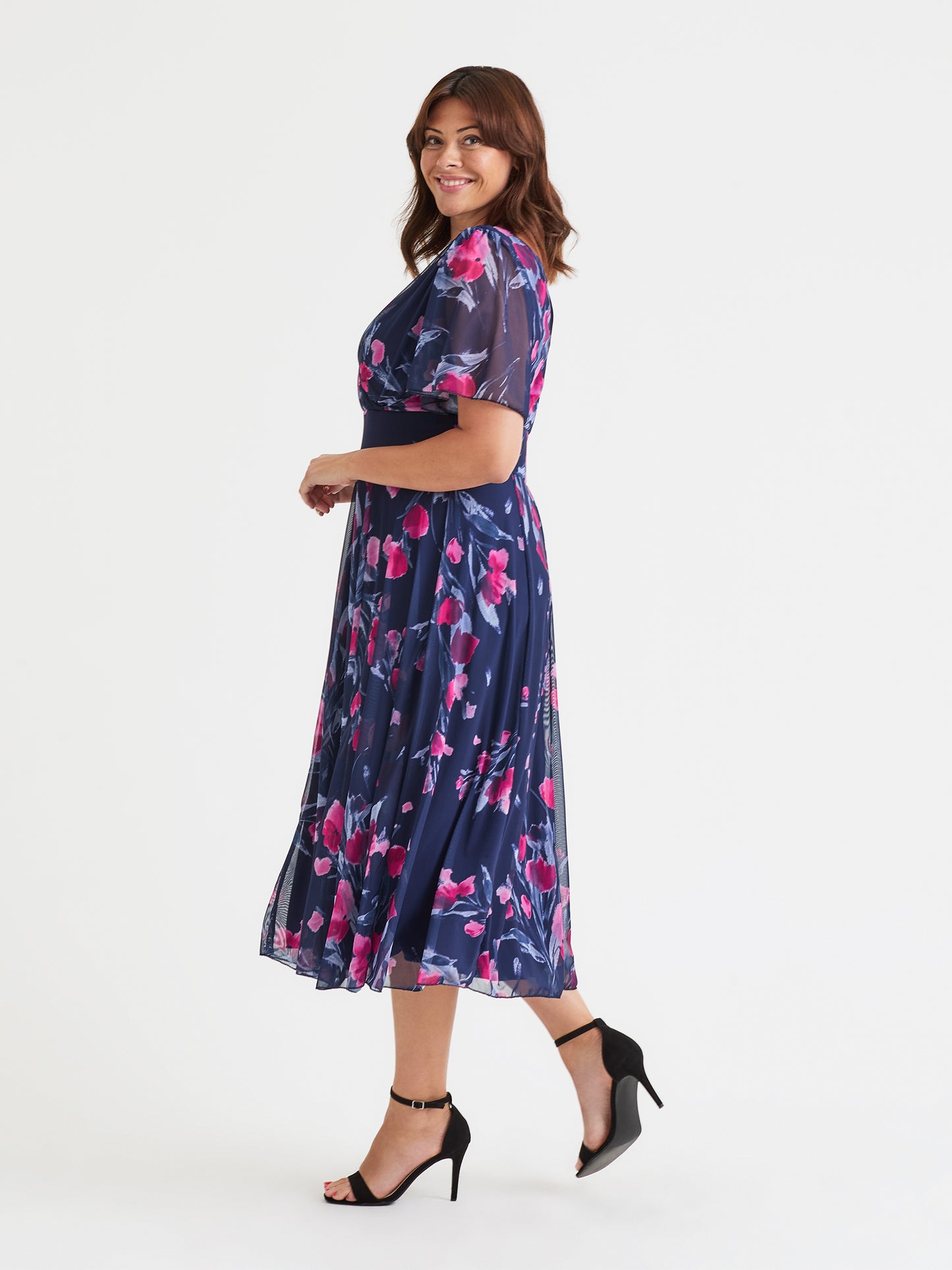 Victoria Navy Pink Floral Angel Sleeve Mesh Long Midi Dress – Scarlett & Jo