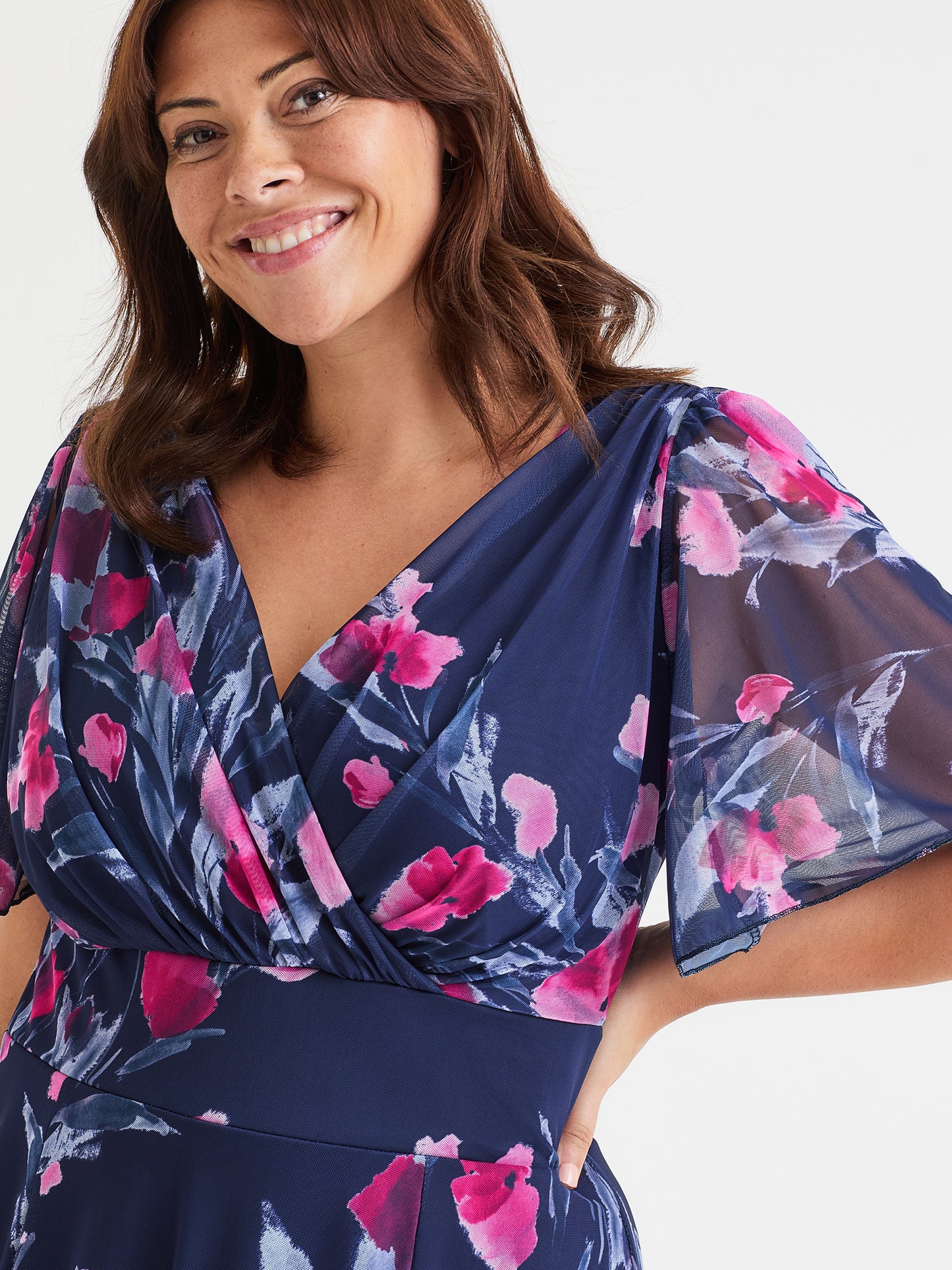 Victoria Navy Pink Floral Angel Sleeve Mesh Long Midi Dress Scarlett & Jo Victoria Navy Pink Floral Angel Sleeve Mesh Long Midi Dress Scarlett & Jo