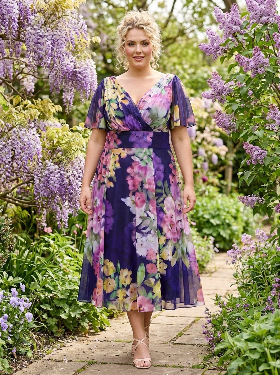 Victoria Navy Purple Multi Angel Sleeve Mesh Long Midi Dress