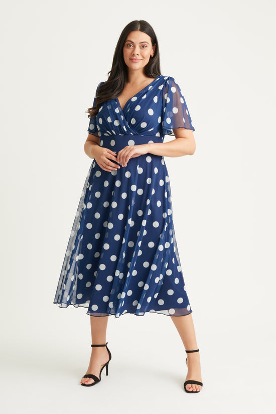 Victoria Navy Spot Angel Sleeve Mesh Long Midi Dress