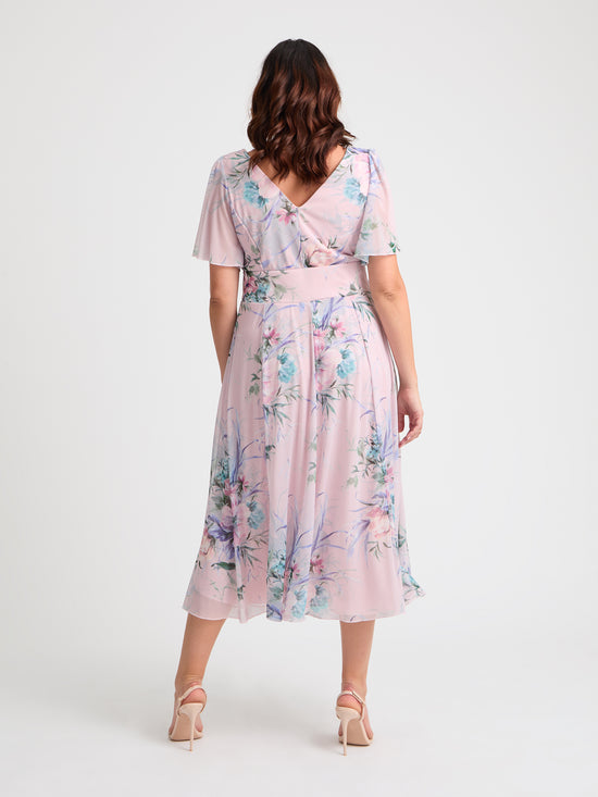 Victoria Pink Grey Angel Sleeve Mesh Long Midi Dress